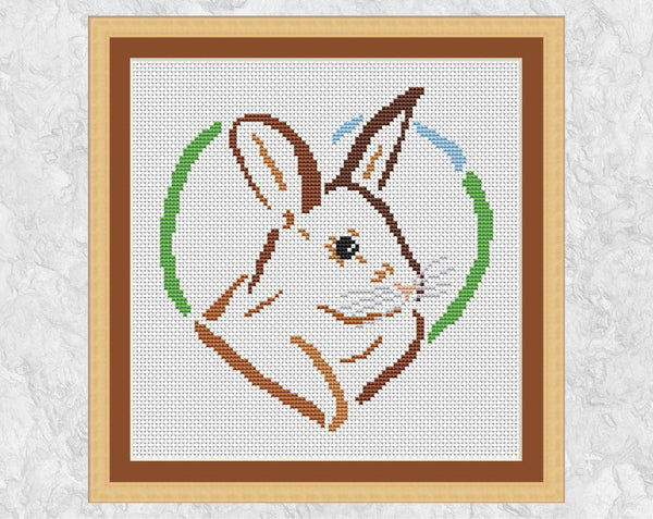 Rabbit Heart cross stitch pattern - bunny, grass and sky outline forming a heart