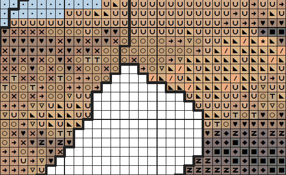 Cross stitch pattern PDF of the silhouette of a snake, filled with a desert of shifting dunes. Section of PDF.