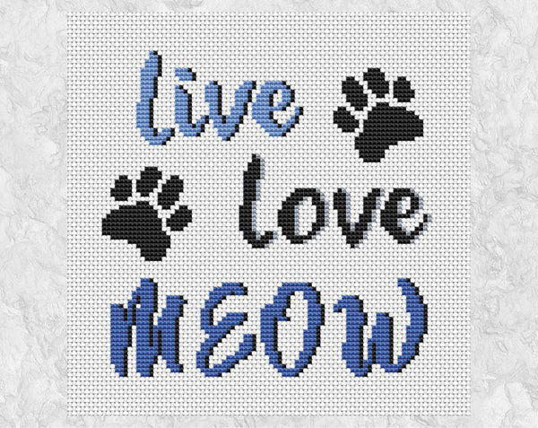 Cat Quote cross stitch pattern - 'Live Love Meow' - without frame