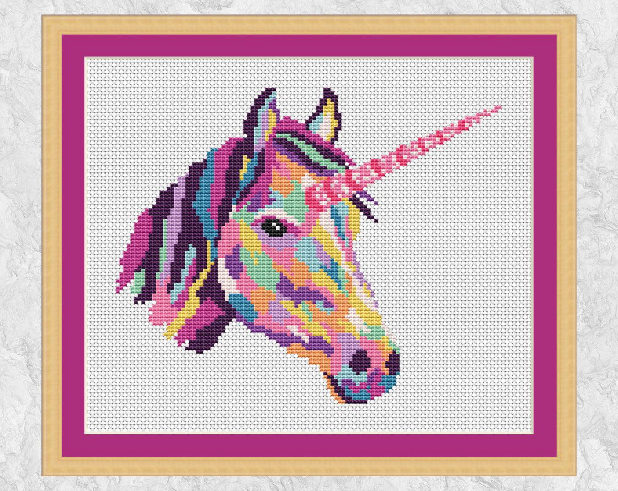 Rainbow Unicorn 'Face of a Rainbow' cross stitch pattern - with frame