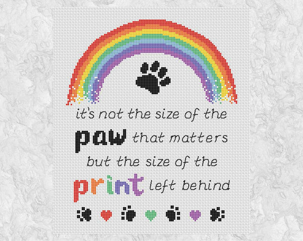 Pet memorial cross stitch pattern of paw print and rainbow with touching quote - without frame