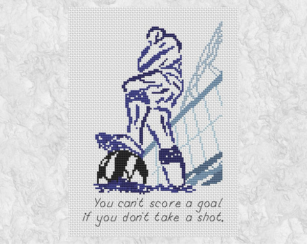 Cross stitch pattern of a modern take on the Bobby Moore statue outside the famous Wembley Stadium, and with the Wembley Arch in the background. A fun pattern for any aspiring football or soccer player! - without frame