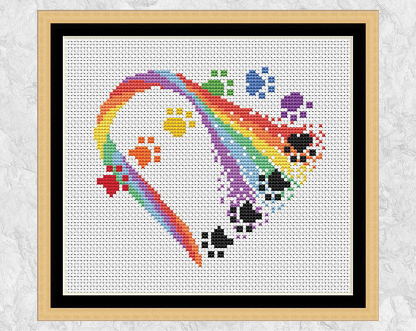 Rainbow Paw Print Heart cross stitch pattern - with frame