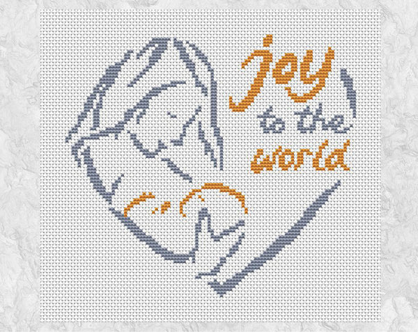 Nativity Heart cross stitch pattern - sketched outline design of Mary holding the baby Jesus, with the words 'Joy to the world'. Shown without frame.