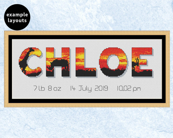 African Sunset Alphabet cross stitch pattern - example name 'Chloe'