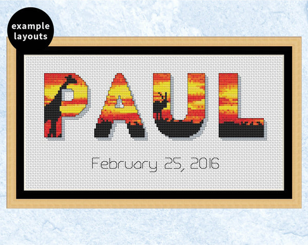 African Sunset Alphabet cross stitch pattern - example name 'Paul'