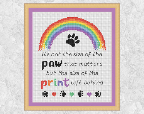 Pet memorial cross stitch pattern of paw print and rainbow with touching quote - with frame