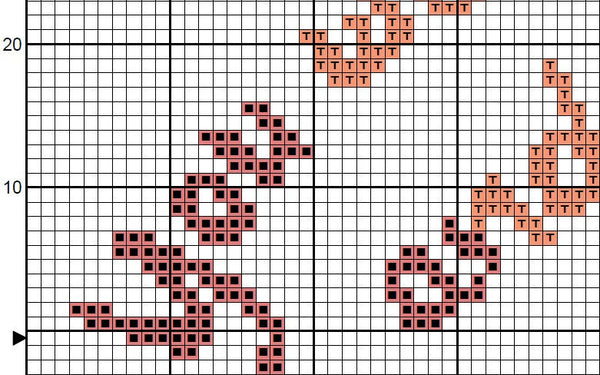 Cross stitch pattern of the words 'You were my favourite hello, and my hardest goodbye' in the shape of a rainbow, with a heart and paw prints - section of PDF