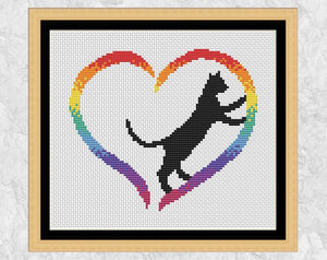 Rainbow Cat Heart cross stitch pattern - with frame