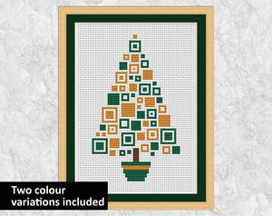 Squares Christmas Tree cross stitch pattern - green and gold