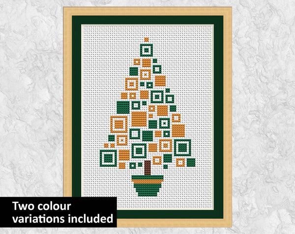 Squares Christmas Tree cross stitch pattern - green and gold