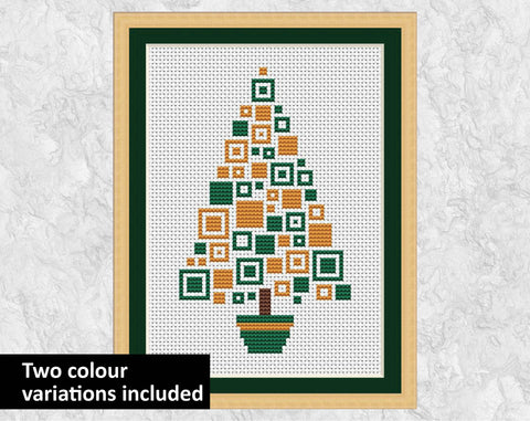 Squares Christmas Tree cross stitch pattern - green and gold