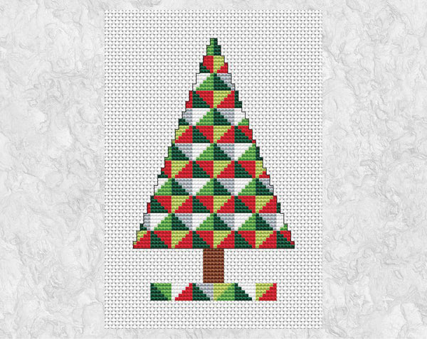 Cross stitch pattern of Christmas tree silhouette filled with triangles