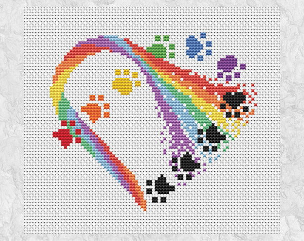 Rainbow Paw Print Heart cross stitch pattern - without frame