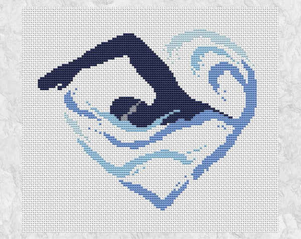 Cross stitch pattern of swim silhouette and waves