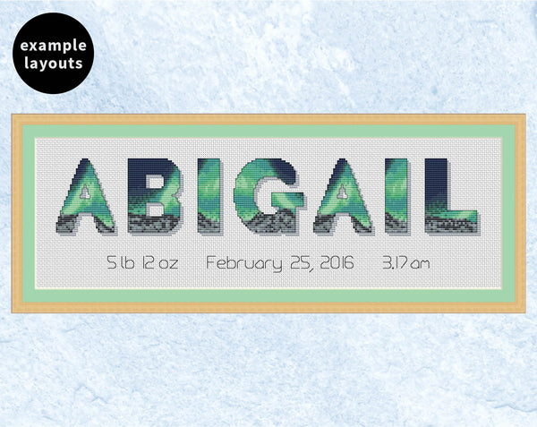 Northern Lights Alphabet cross stitch pattern - example name 'Abigail'