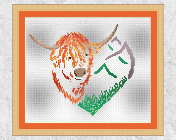 Highland Cow Heart cross stitch pattern - with frame