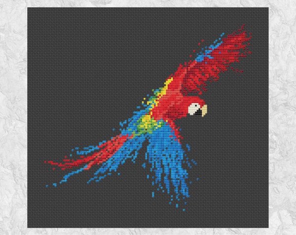 Splattered Paint Parrot cross stitch pattern - on black without frame
