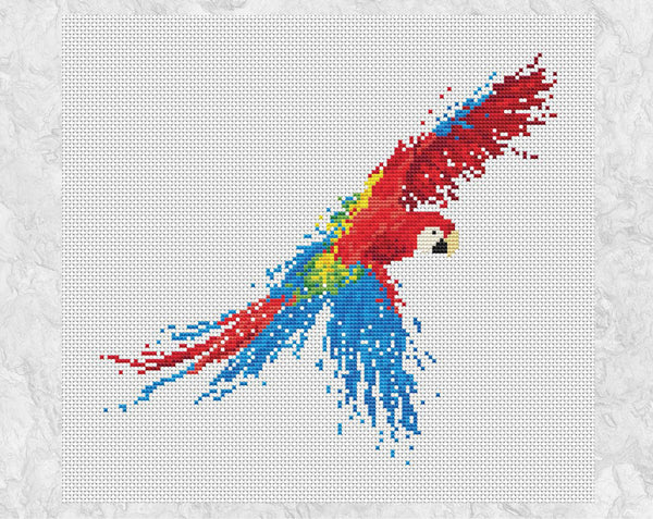 Splattered Paint Parrot cross stitch pattern - on white without frame