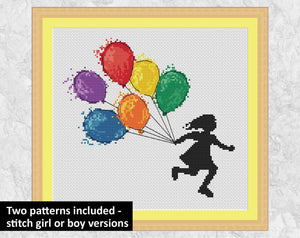 Cross stitch pattern of a girl running with watercolour effect balloons in rainbow colours. Shown with frame.