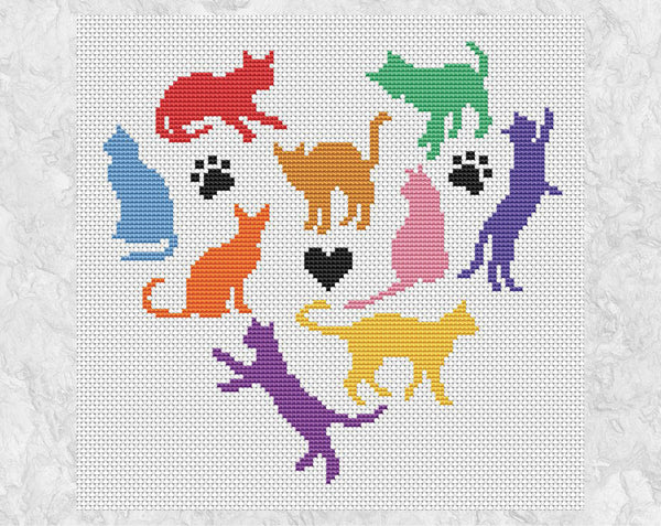 Heart of Cats cross stitch pattern - rainbow coloured version without frame