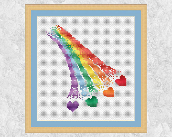 Rainbow of Hope cross stitch pattern - section of rainbow with hearts coming out of the end. This version has no text and is shown with a frame.