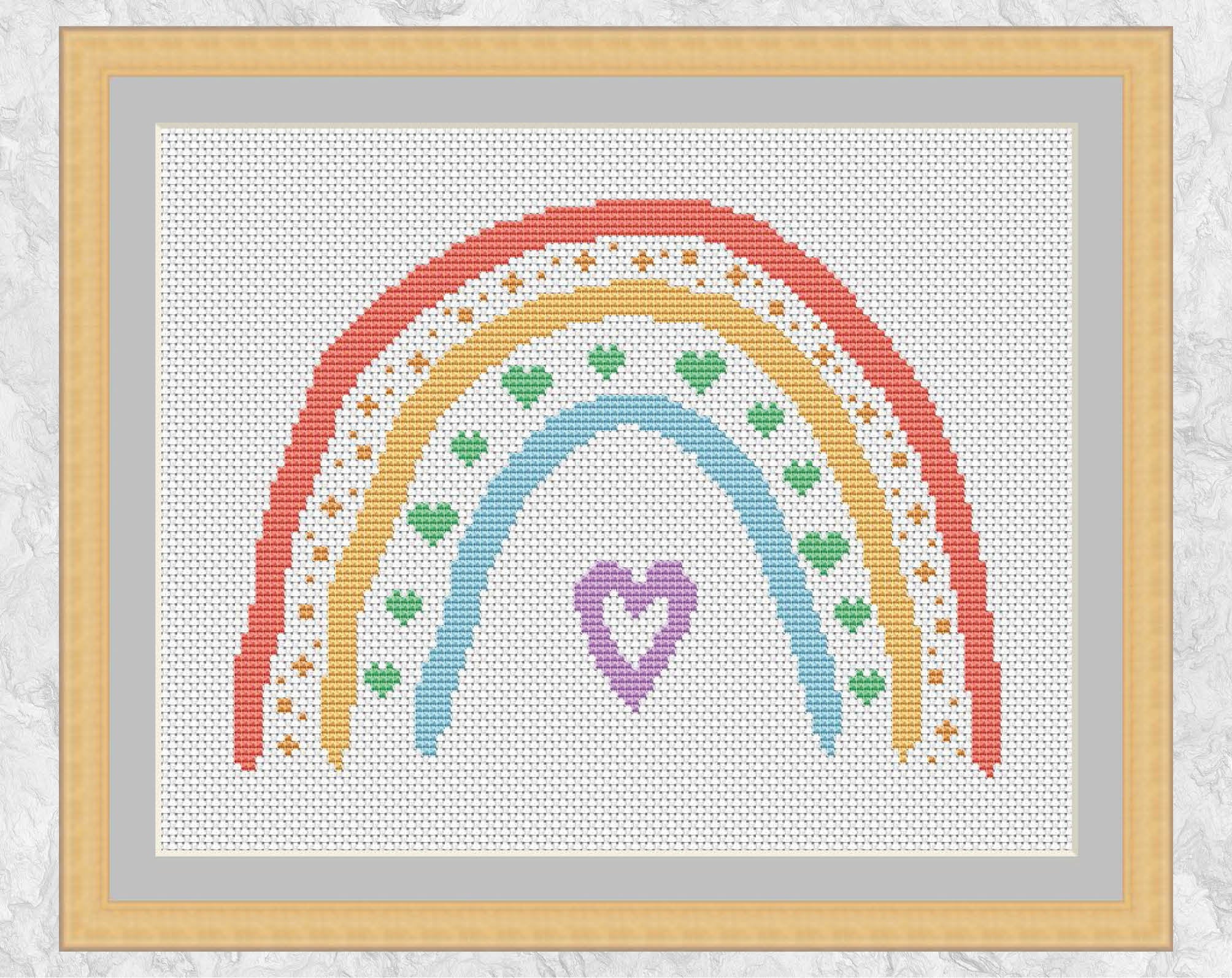 Hearts Boho Rainbow cross stitch pattern - with frame