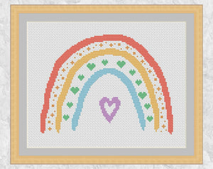 Hearts Boho Rainbow cross stitch pattern - with frame