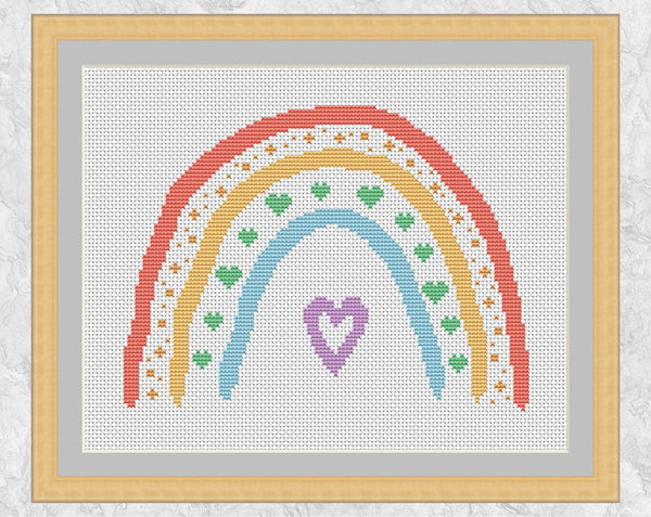 Hearts Boho Rainbow cross stitch pattern - with frame
