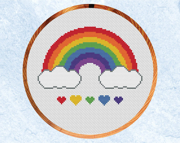 Rainbow and Hearts cross stitch pattern - with hoop