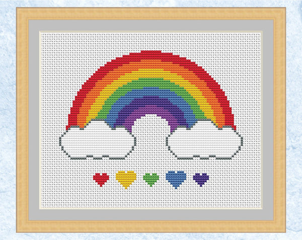Rainbow and Hearts cross stitch pattern - with frame