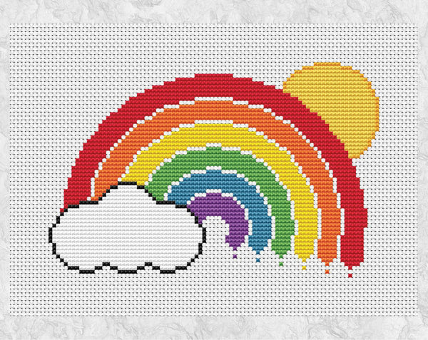 Cross stitch pattern of a rainbow, cloud and sun. Shown without frame.