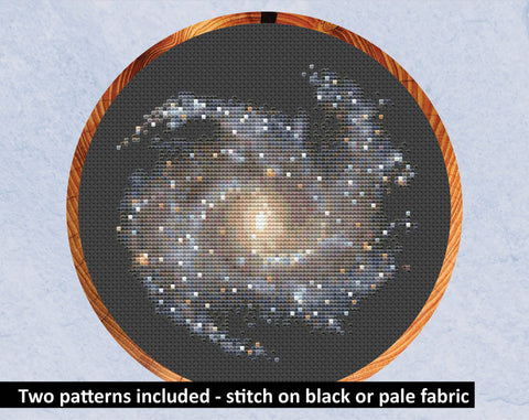 Galaxy NGC 5468 - Astronomy cross stitch pattern - in hoop on black fabric