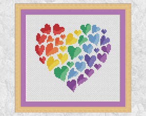 Rainbow Heart of Hearts cross stitch pattern - with frame
