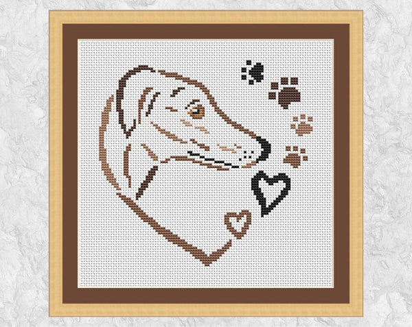 Greyhound Dog Heart cross stitch pattern - shown with frame