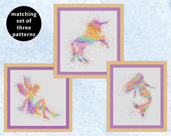 Set of three watercolour style cross stitch patterns - unicorn, fairy and mermaid
