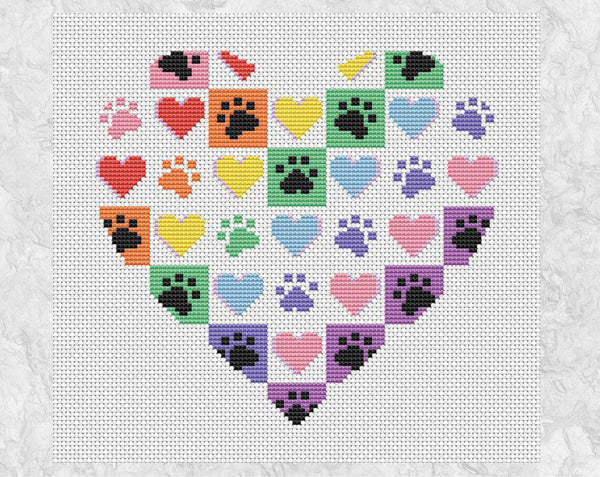 Chequered paw print heart cross stitch pattern without frame