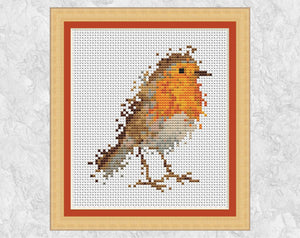 Splattered Paint Robin cross stitch pattern (smaller) with frame