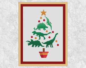 Dinosaur Christmas Tree cross stitch pattern with frame
