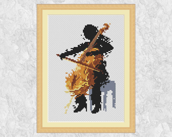 Cellist cross stitch pattern (female) - splattered paint cello player - with frame