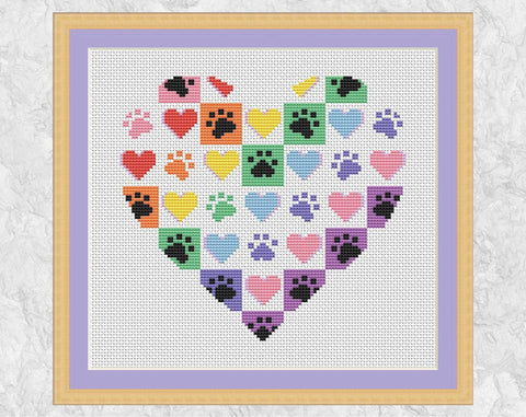 Chequered paw print heart cross stitch pattern with frame