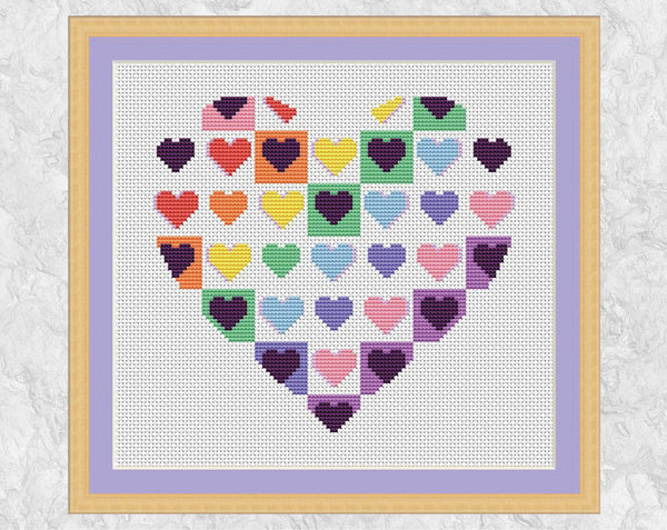 Chequered rainbow heart cross stitch pattern with frame