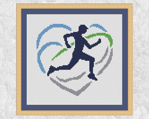 Running Heart cross stitch pattern - silhouette of runner in heart shape made of sky, hills and road - with frame