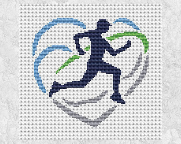 Running Heart cross stitch pattern - silhouette of runner in heart shape made of sky, hills and road - without frame