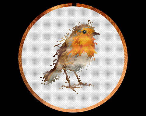 Splattered Paint Robin cross stitch pattern (larger) in hoop