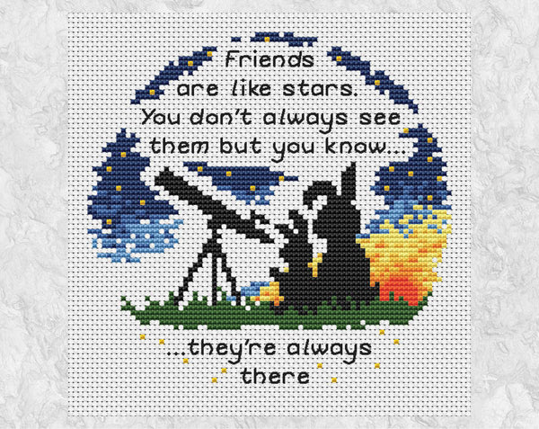 Cross stitch pattern of two bunnies looking through a telescope, with the words 'Friends are like stars. You don't always see them but you know they're always there." Shown without frame.