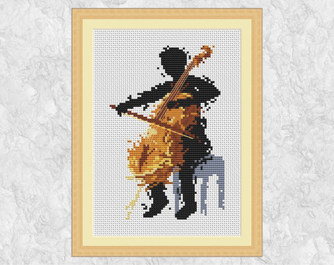 Cellist cross stitch pattern (male) - splattered paint cello player - with frame
