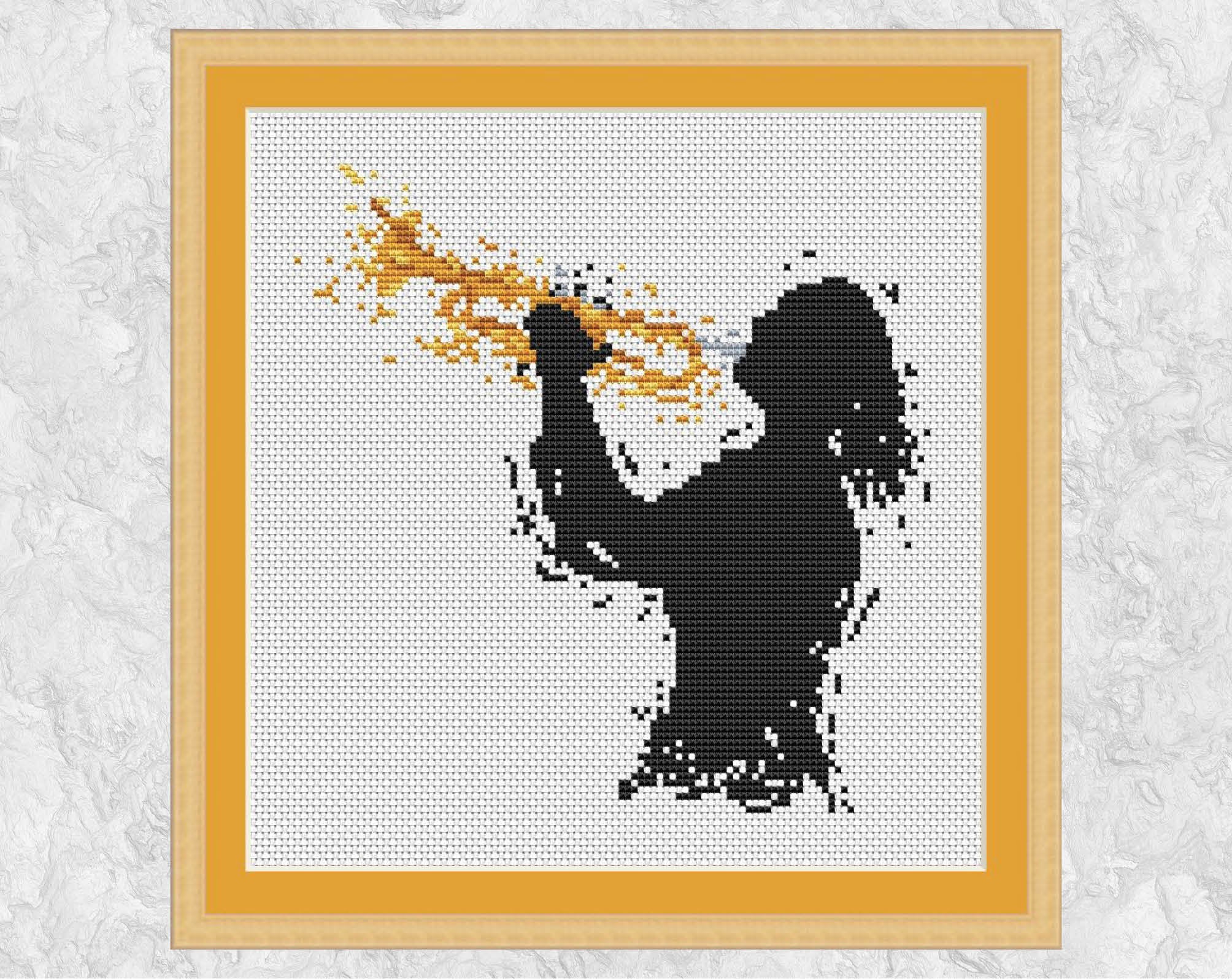 Modern art cross stitch pattern of a female trumpet player. Shown with frame.