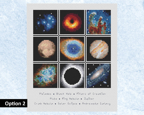 Wonders of Space cross stitch pattern. Option 1 - nine astronomy images with no quote, but with captions naming each image - Pleiades, Black Hole, Pillars of Creation, Pluto, Ring Nebula, Jupiter, Crab Nebula, Solar Eclipse and Andromeda Galaxy. Shown without frame.