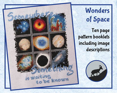 Wonder of Space cross stitch pattern. Image of the completed piece showing nine different astronomy images, and the words "ten page pattern booklets including image descriptions".
